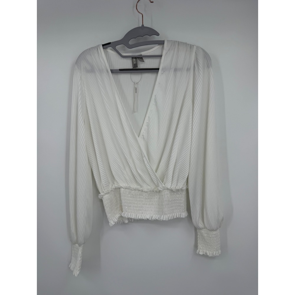 ASOS White Pleated Wrap Blouse Smocked Waist Long Sleeve Surplice Top US 4